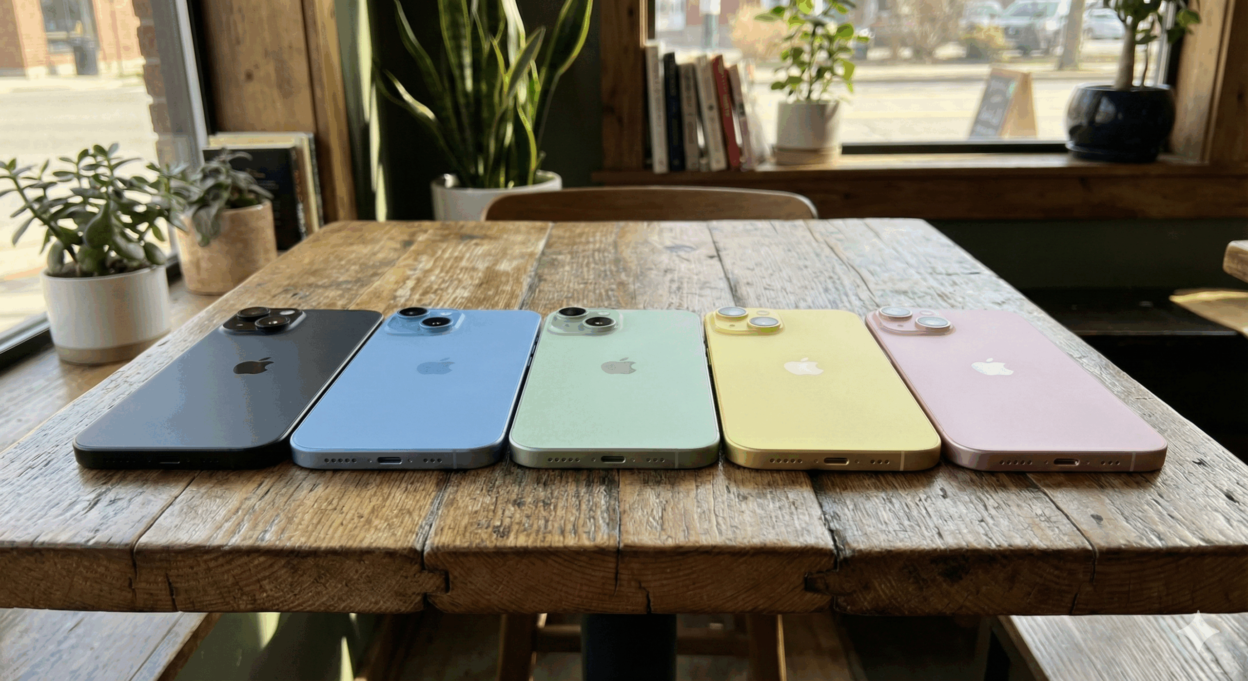 iPhone15が並んでいるカラフルに